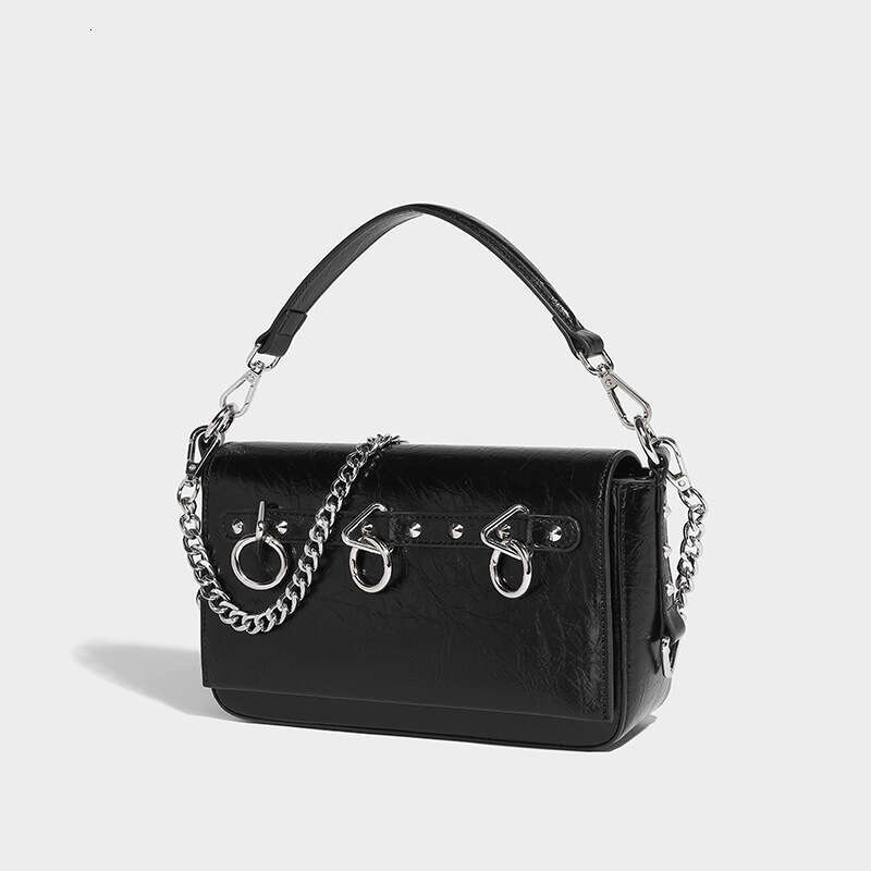 Women's 2025 New Hot Girl Metallic Oil Wax Leather Motorcycle Rivet Small Square Single Shoulder Handbag Tote Bag