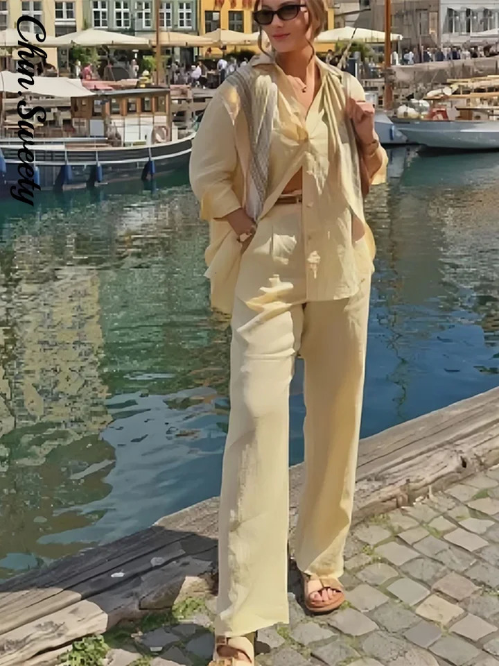 Fashion Womens Shirt Trousers Suit Long Sleeve Lapel Button Casual Lady Pant Set Spring Summer Solid 2 Pieces Women 250801