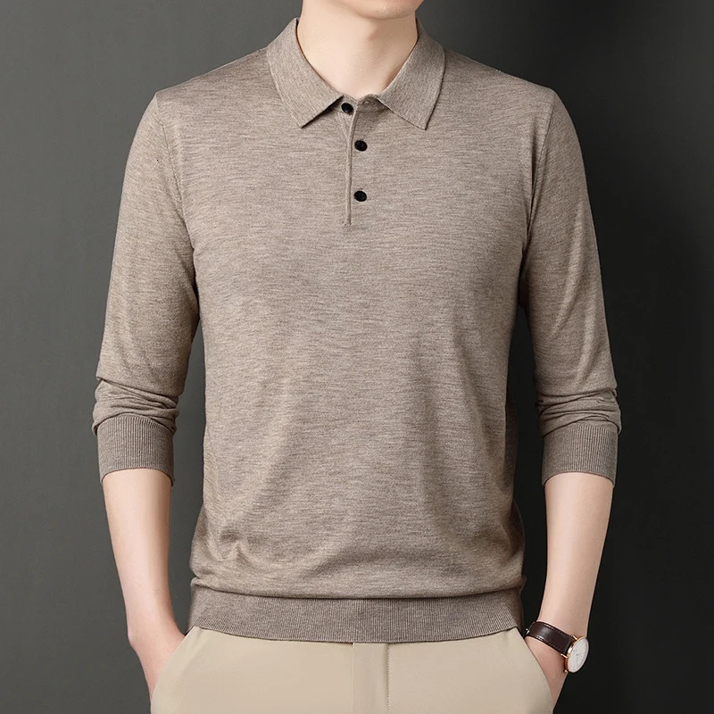 Classic High Quality Mens Autumn Long Sleeve Wool Blended Solid Color Lapel Polo Pullover Sweater Casual Basement Shirt 250804