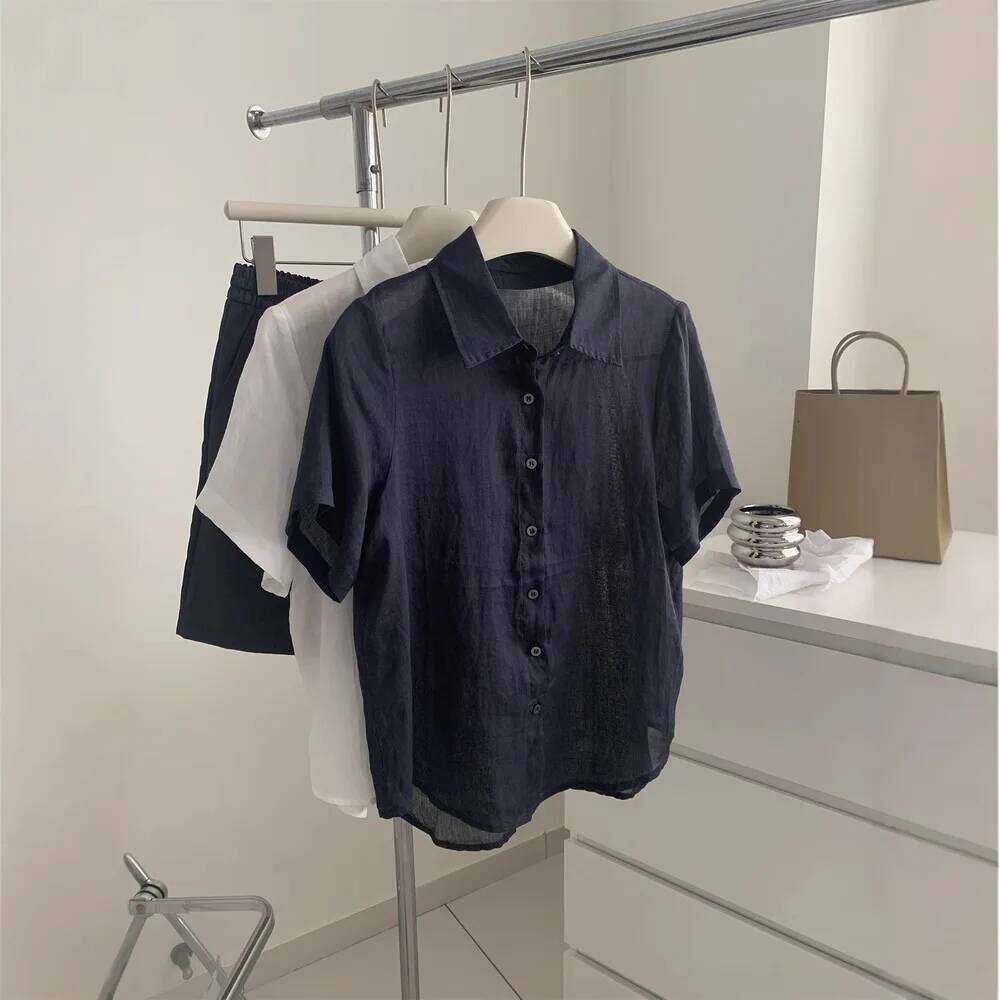 Designer Clothing 2025 Ramie Short Sleeve Black Shirt For Women Old Money Style, Thin Slightly Sheer, Turn-Down Collar Blouse, Cardigan, Summer