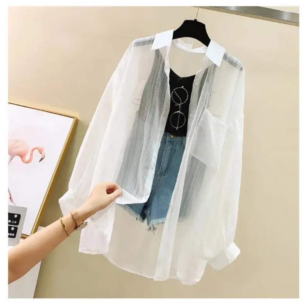 Summer Sunscreen Shirt Elegant Perspective Thin Chiffon Blouse Korean Harajuku See Through Loose Top Casual Womens Cardigan y250724