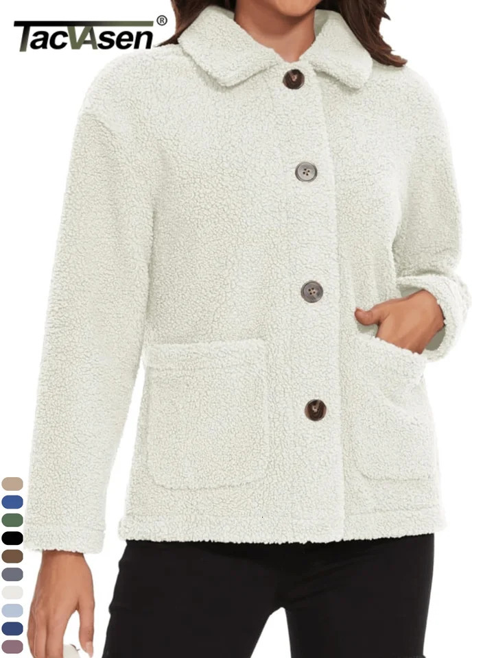 TACVASEN Winter Sherpa Fleece 4 Button Down Jacket Womens Fuzzy Thermal Cropped Lightweight Coats Soft Outdoor 2 Pockets Tops 250801