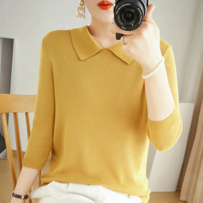 POLO Collar Womens Knitted Sweater Cashmere Blend Autumn And Winter Solid Color Simple Inner Slimming And Age-reducing Top 250801
