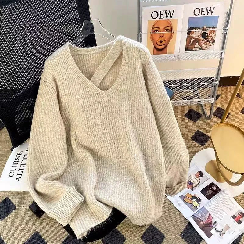 Autumn V Neck Hollow Out Knit Sweater Women Winter Warm Casual Solid Jumpers Korean Loose Simple Female Pullovers Sweater 250801