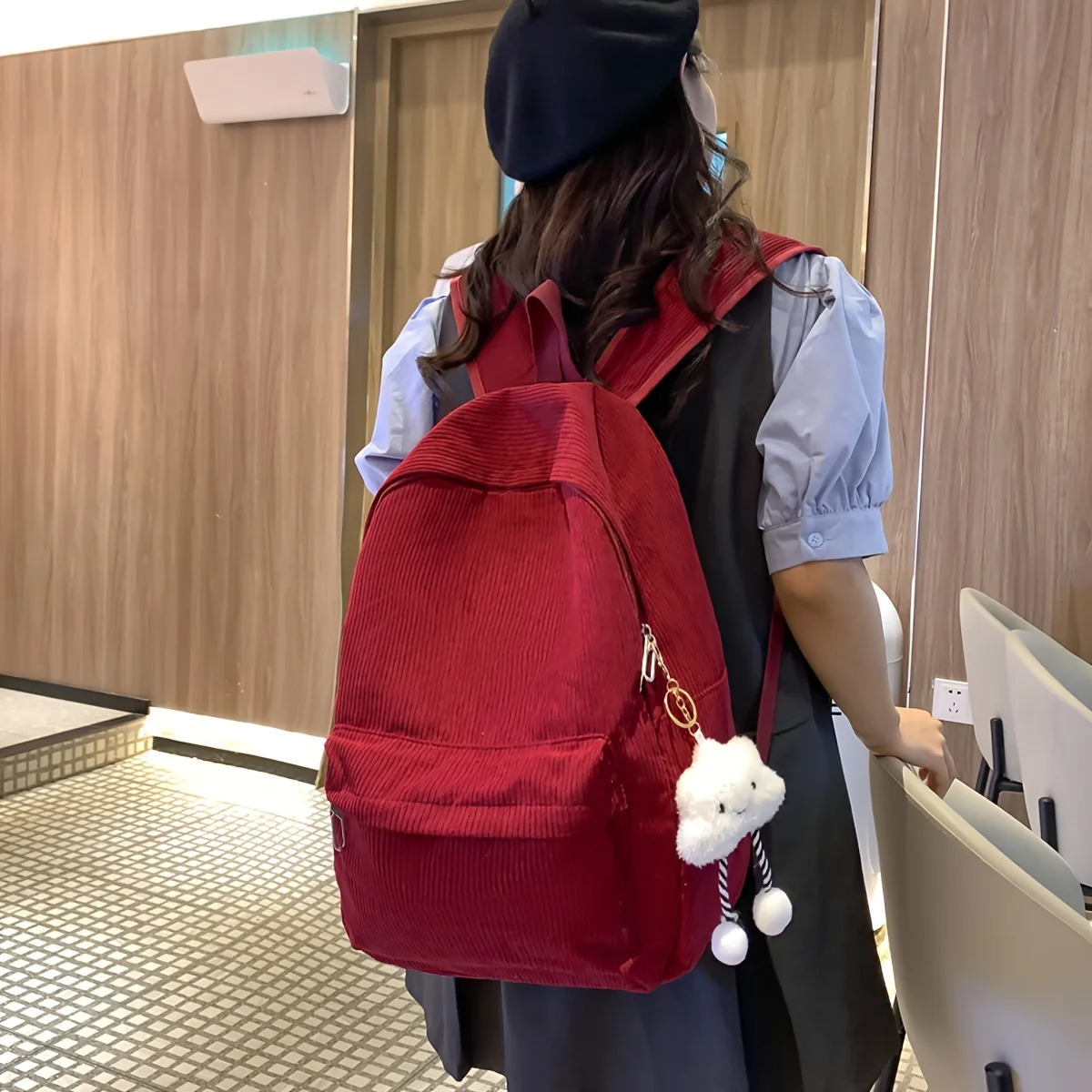 Simple Casual Schoolbag for Women Japanese Corduroy Solid Color Lazy Style Travel Backpack High School Student Backpack 250801