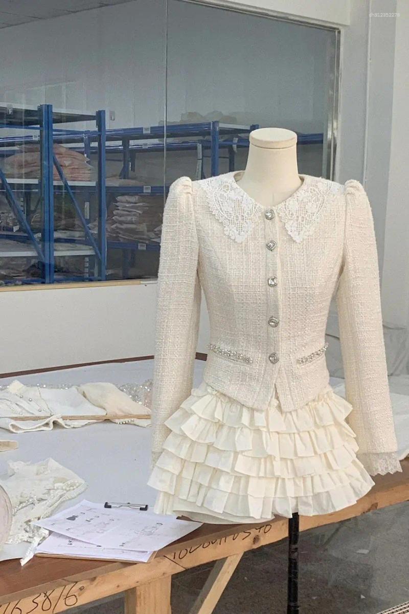 Two Piece Dress Early Autumn Elegant Glitter Tweed Short Jacket And High Waist Cake Skirt Set For Women Chic Socialite Style Outfit