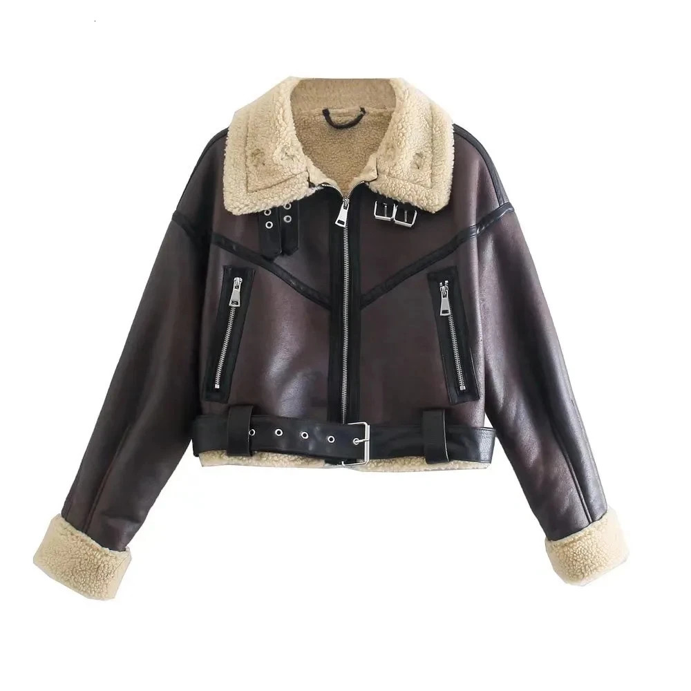 TRAF Winter Women Streetwear Faux Lamb Leather Fur Short Jacket with Belt Moto Biker Thick Warm Sheepskin Coat Outwear 250804