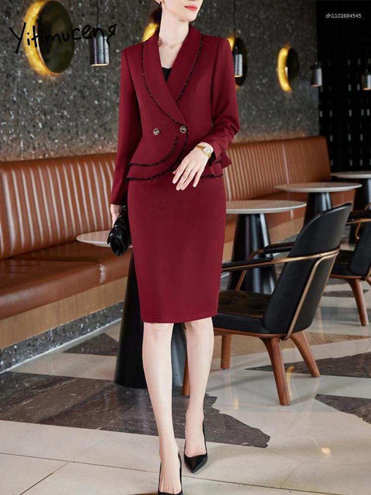 Two Piece Dress Yitimuceng Wine Red Suit Set For Women 2025 Autumn And Winter Fashion Temperament Slim Fit Formal