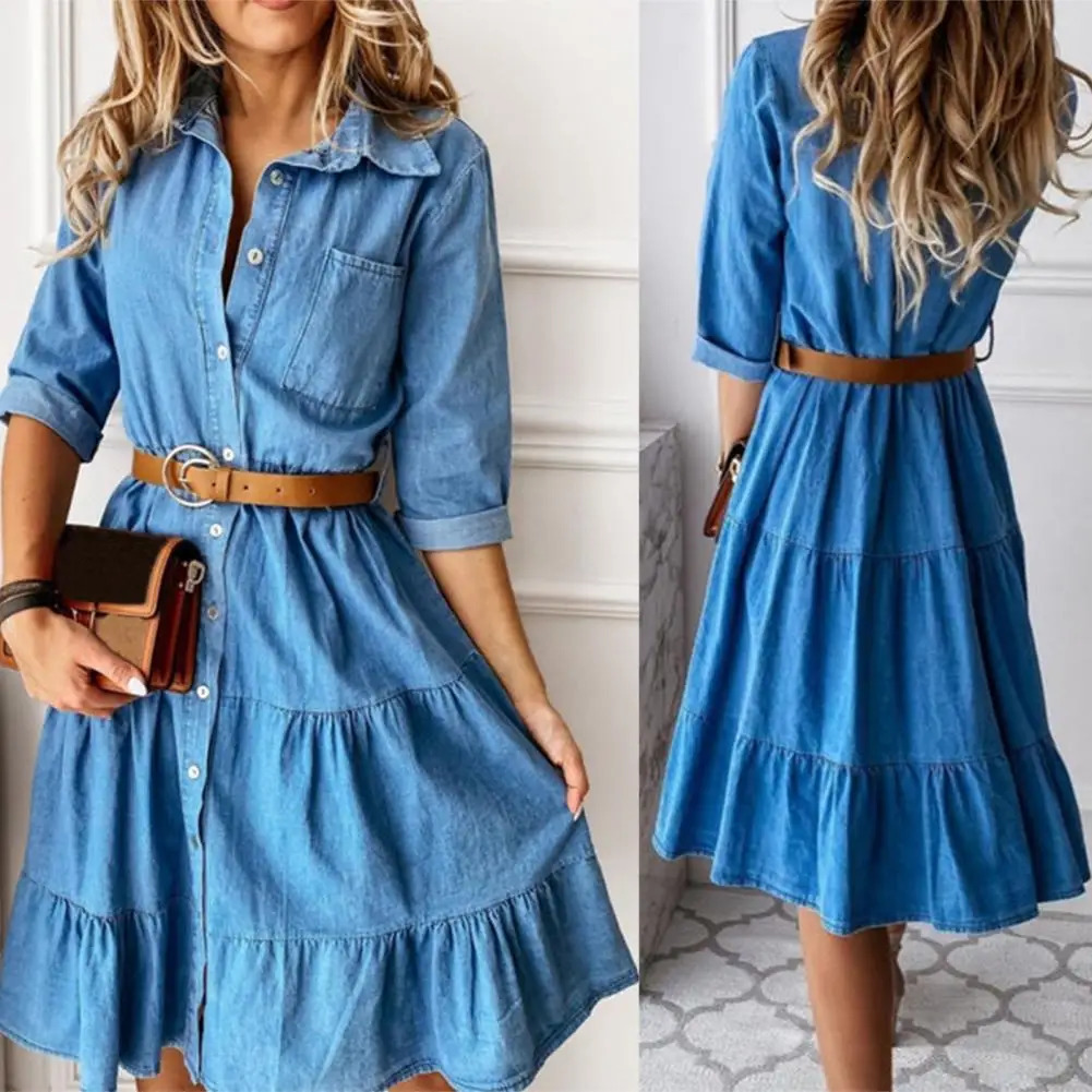 Denim Dress Three Quarter Sleeve with Belt Turn-down Collar Spring Autumn Buttons Ruffle Jeans Dresses for women 250801