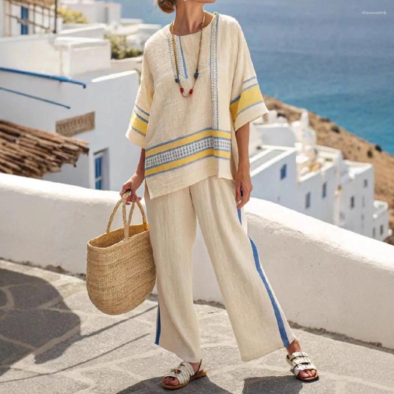 Women's Two Piece Pants Casual Retro Print Striped Women Set Short Sleeved Long 2piece Sets For Summer Loose Pocket Vacation Beach Outfit