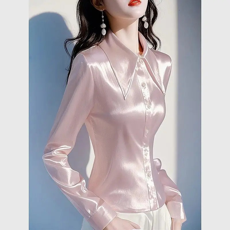 Pink Satin Shirt Women 2025 Early Spring Fashionable and Waisthugging Professional Top 250724