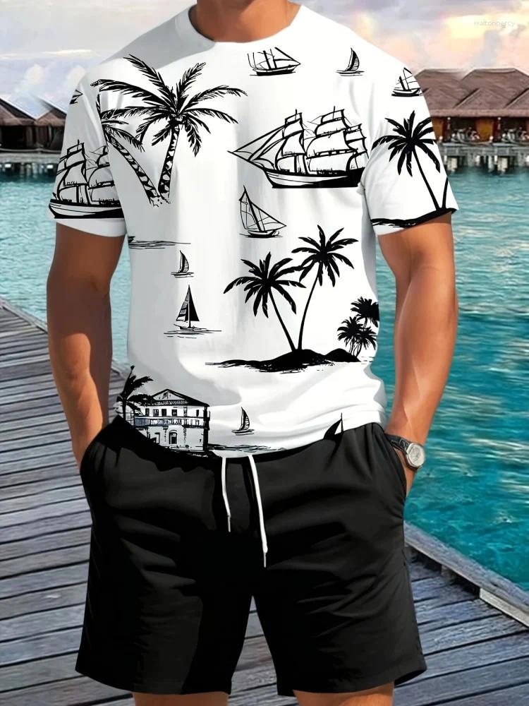 Men's Tracksuits Casual Summer Set Coconut Tree Cartoon Short-sleeved Top And Two-piece Beach Vacation Capre