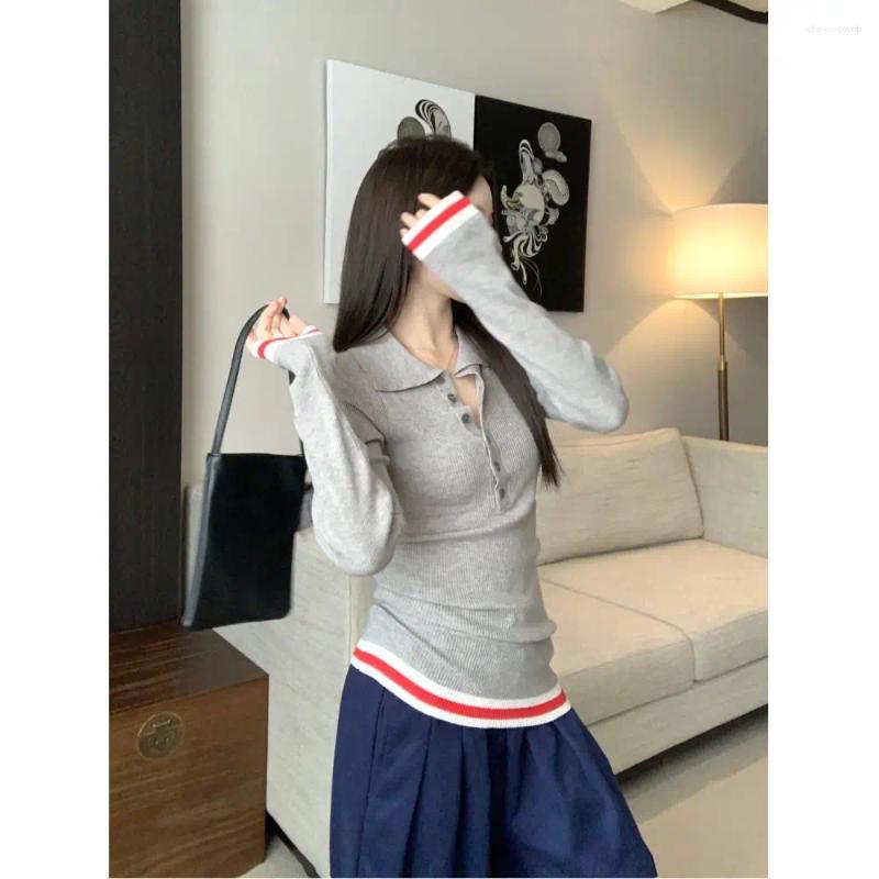 Women's Sweaters Retro Contrasting Striped Polo Collar Sweater For Autumn Slim Long-sleeved Top