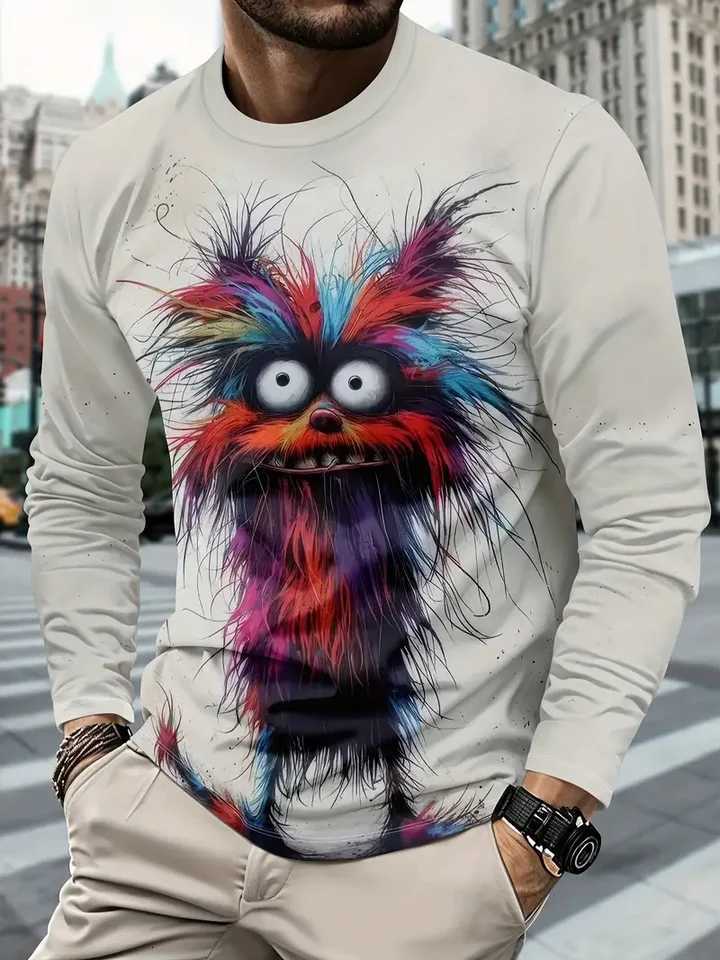 Cartoon Animal Print Mens Long Sleeve T-shirt Casual O-neck Oversized Sweatshirt Autumn Fashion Streetwear High Quality ClothingXJ250805