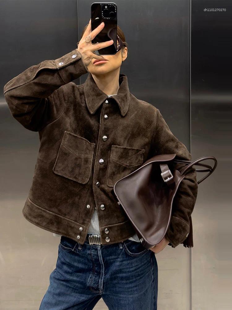 Women's Jackets Big Pockets Suede Short Vintage Lapel Single Breasted Full Sleeve Jacket Lady 2025 Spring Fashion Streetwears