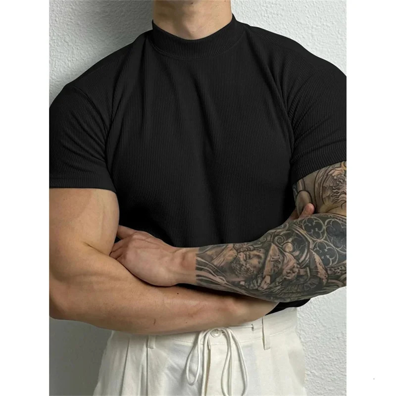 spring summer Elastic Comfortable Mens T-shirt Small high collar stripe shirt short sleeve fitness top sport casual T-shirt 250804