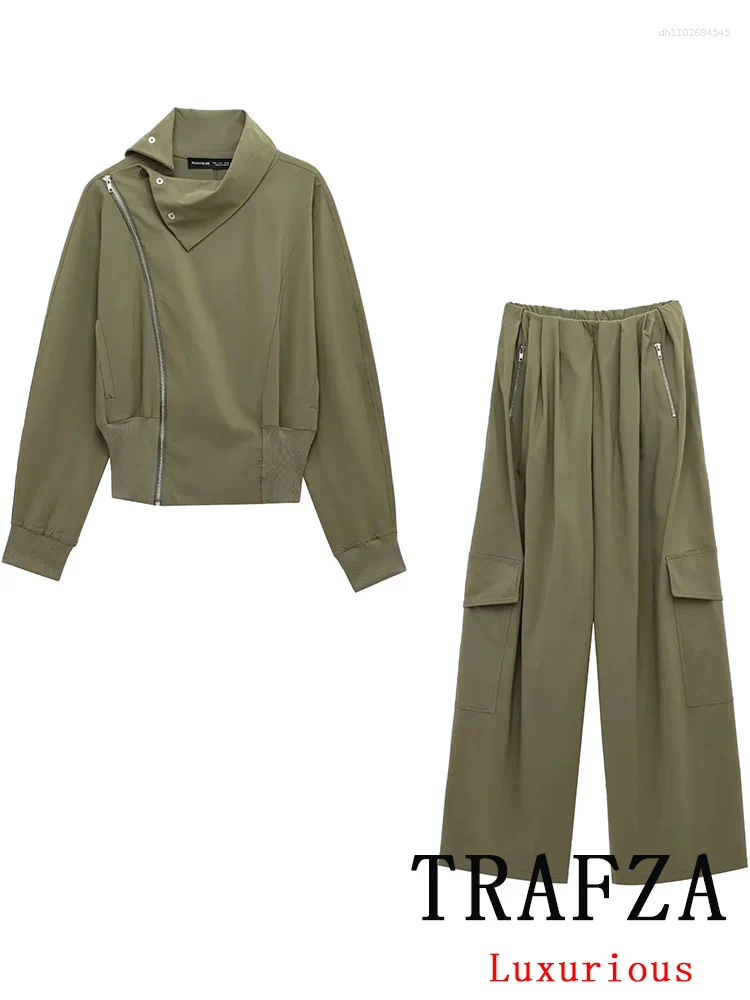 Women's Two Piece Pants TRAFZA Casual Chic Solid Women Suit Stand Collar Long Sleeve Jacket Loose Straight Fashion 2025 Spring Summer Suits