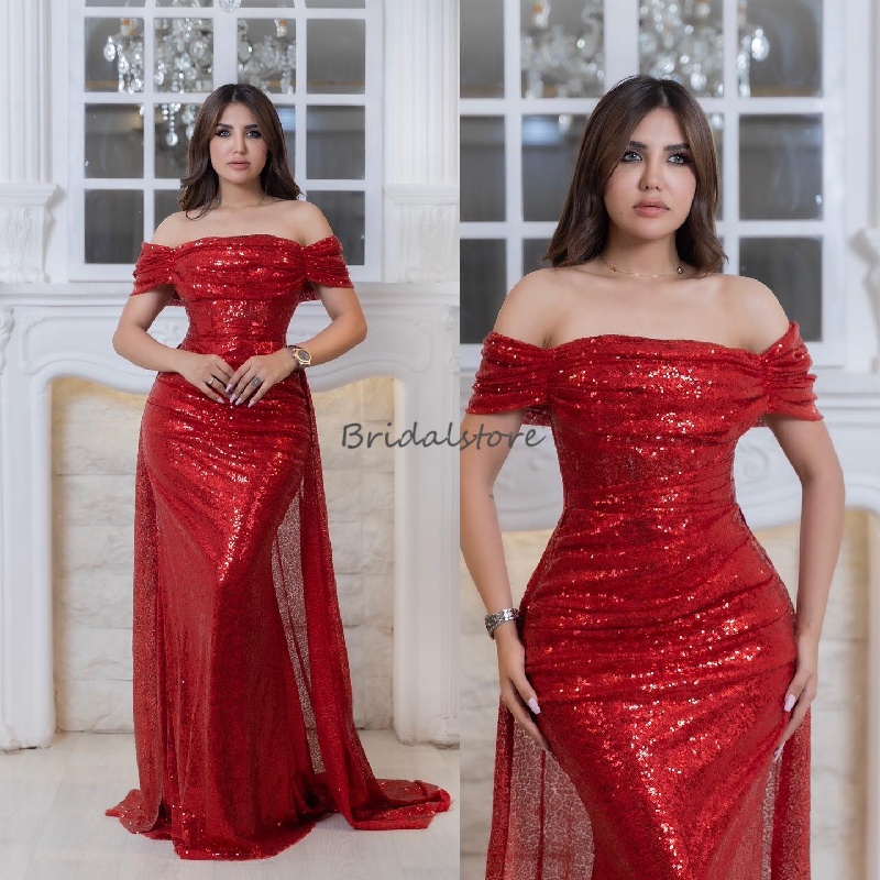 Luxury Red Sequin Prom Dress With Overskirt Train Plus Size Off Shoulders Evening Dresses Mermaid Dubai Arabic Long Formal Occasion Birthday Dress 2