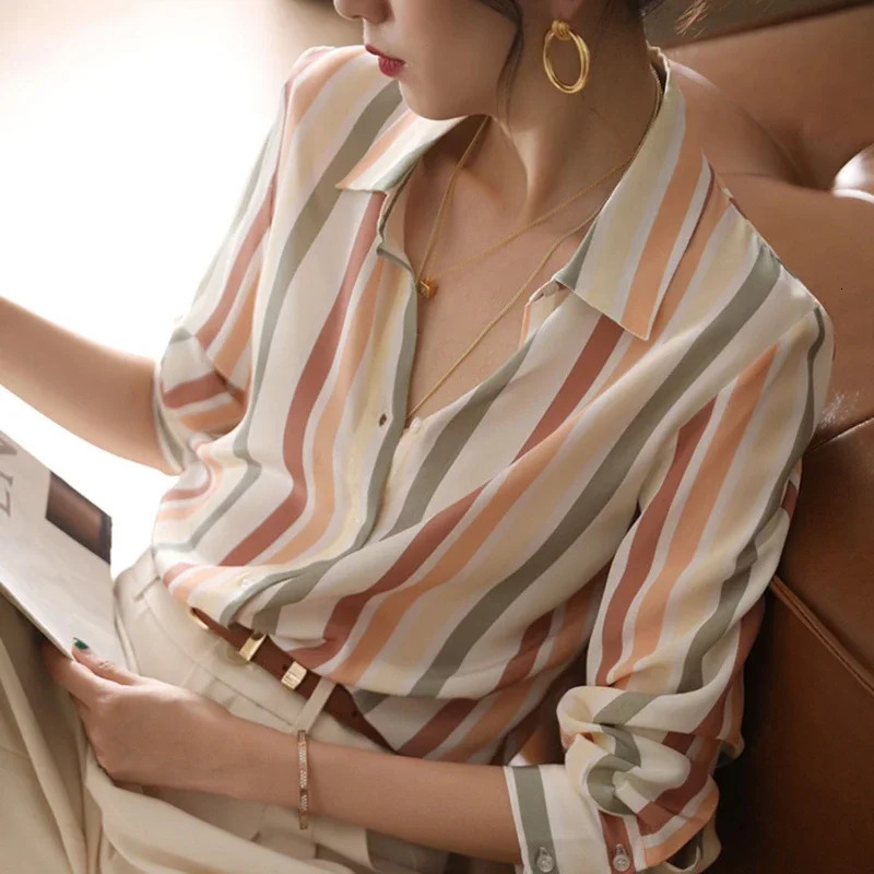 Stripe Women Shirt Satin Vintage for 2025 Autumn Clothes Korean Fashion Shirts and Blouses Basic Elegant Womens Tops 250724
