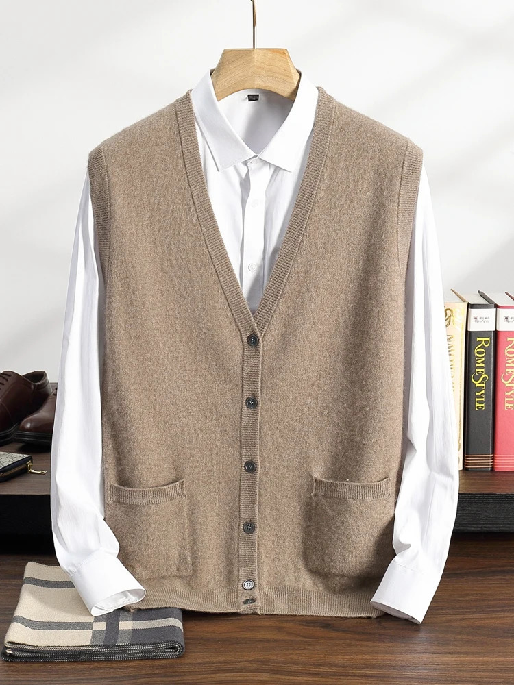 Mens Cashmere Cardigan Vest Autumn Winter Vneck Sweater Basic Sleeveless 100 Knitwear Pockets Smart Casual Waistcoat 250724