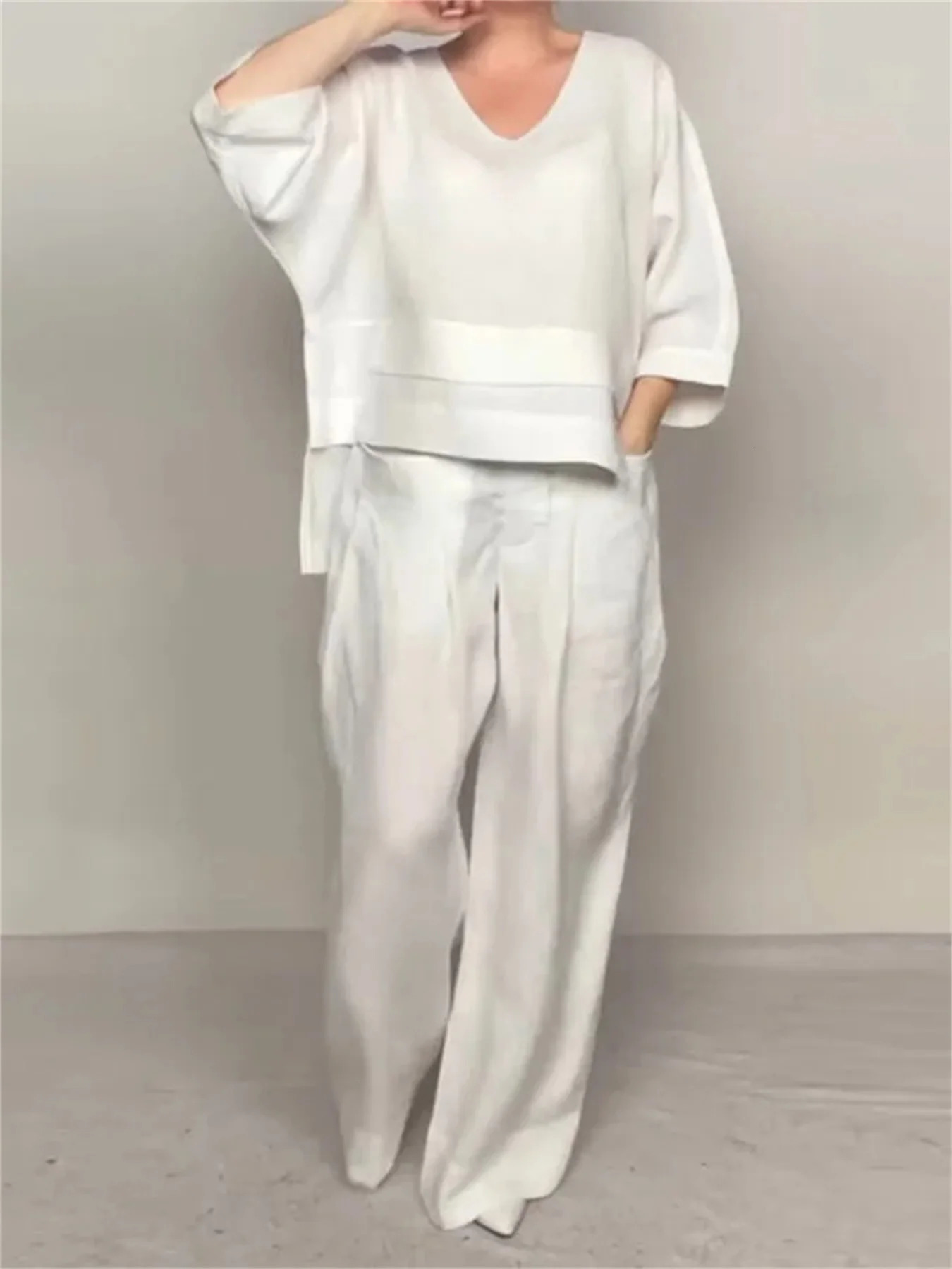 2025 crossborder explosive womens fashion casual solid color plus size irregular linen and cotton suit for women 250724