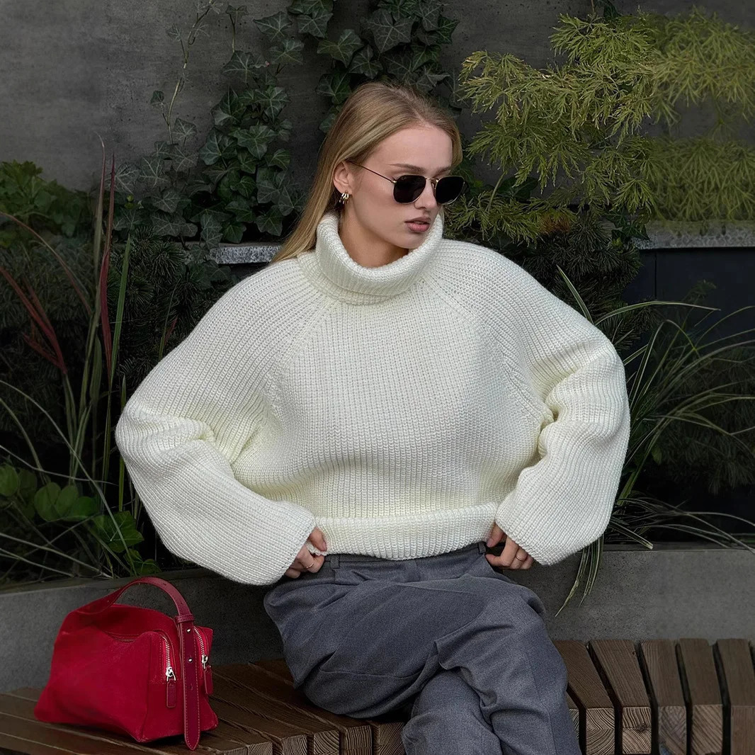 Turtleneck Back Hollow Knitted Sweater Womenss Loose White Pullover Sweater Long Sleeve Warm Lady Commute Knitwear Autumn 250801