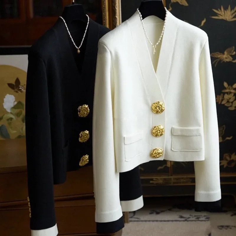 Tweed Style Gold Button Color Block V-Neck Knitted Cardigan Womens Autumn Winter White Commuting Cropped Jacket 250801