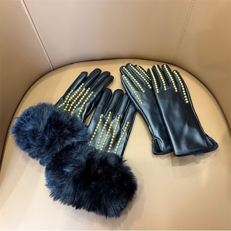 Winter Womens PU Leather Velvet Warm Gloves Retro Touchscreen Windproof Riding Rabbit Fur Wrist Cuff 250801CJ