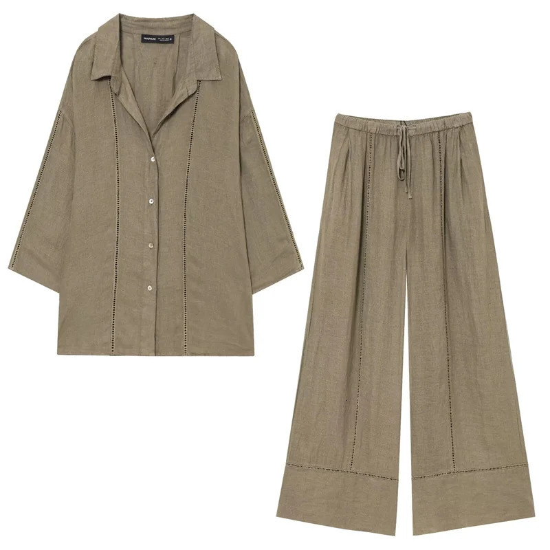 Womens Suit Summer 2025 Long Sleeve Casual Shirt Wide Leg Trouser Set and Lazy Personality Fashion 250724