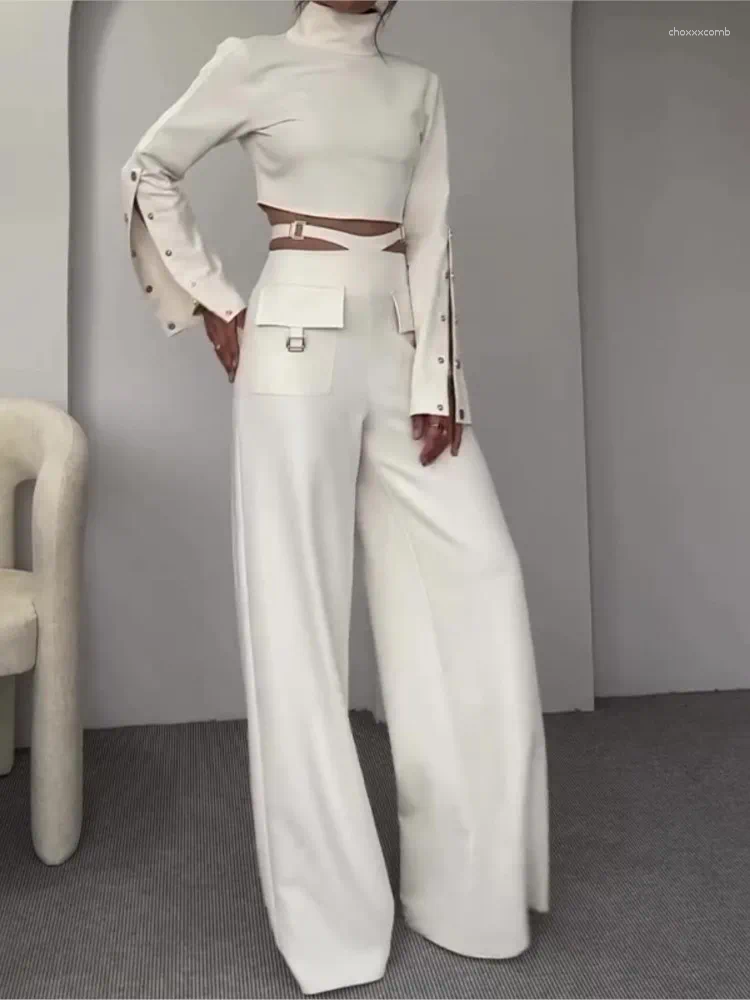 Women's Two Piece Pants Spring And Autumn Solid Color Button Slim Fit Set For Fashion Hollow Short Top Wide Leg