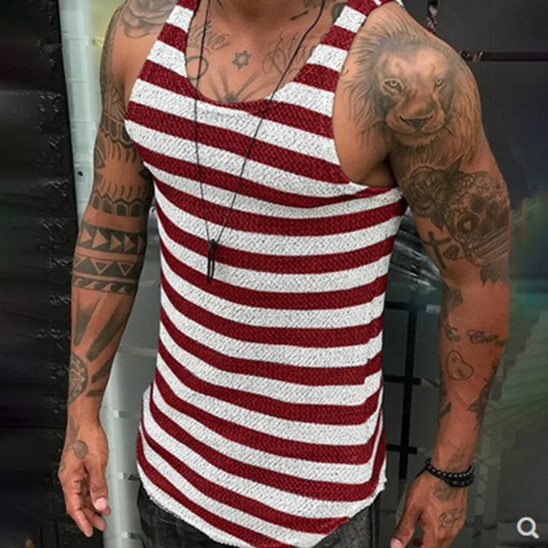 mens fashion striped top thin and breathable knitted sweater sleeveless sports trend vest 250724