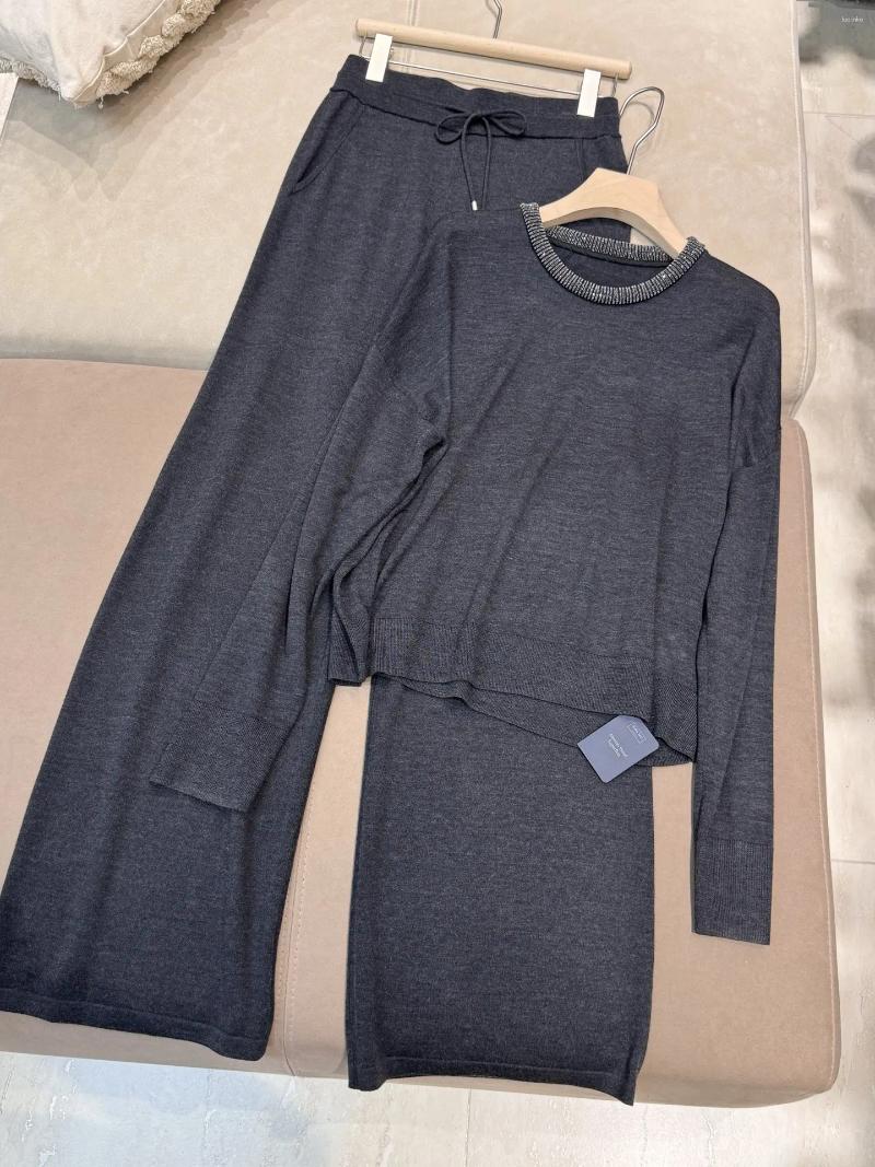 Women's Two Piece Pants 25 Summer High Quality Round Neck Beaded Top Wool Casual Set