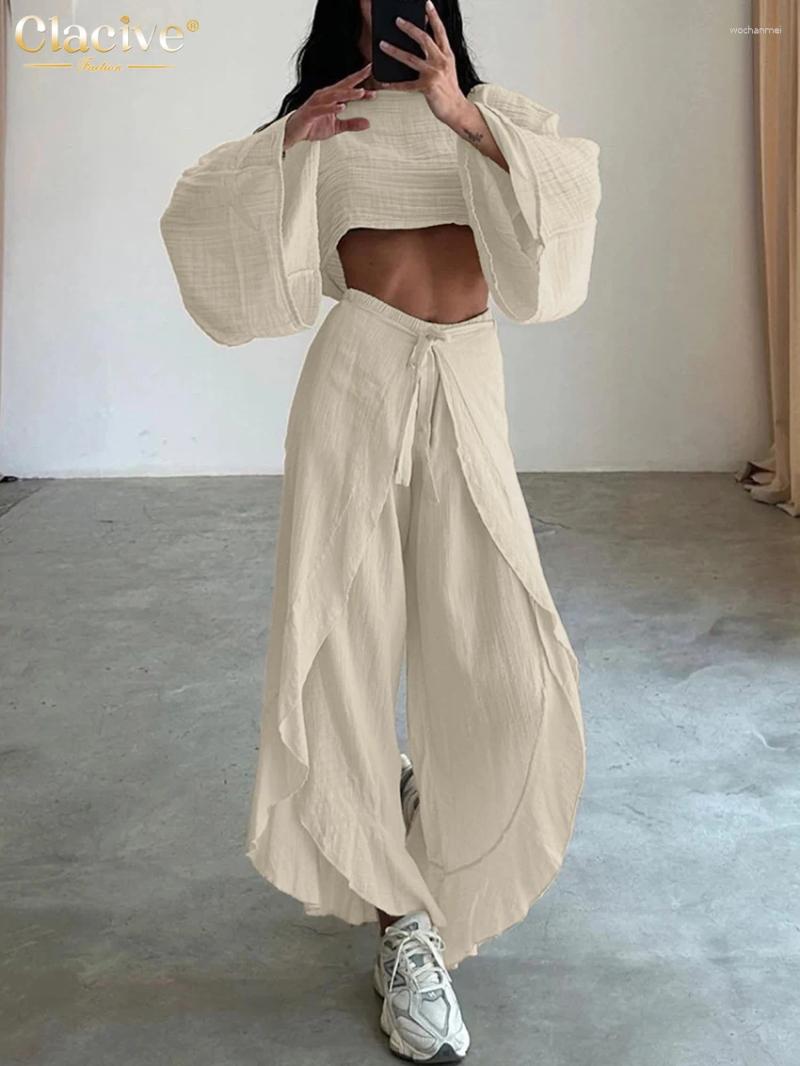Women's Two Piece Pants Clacive Fashion Loose Apricot Cotton Outfits Woman 2025 Elegant Long Sleeve Crop Top With High Waist Lace-Up Set