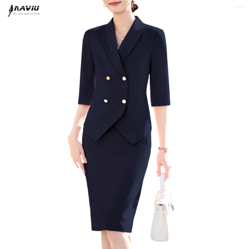Two Piece Dress NAVIU 2025 Spring Summer Fashion Navy Blue Women Skirt Suit Office Uniform Black And Ladies Work Wear OL Styles Pink
