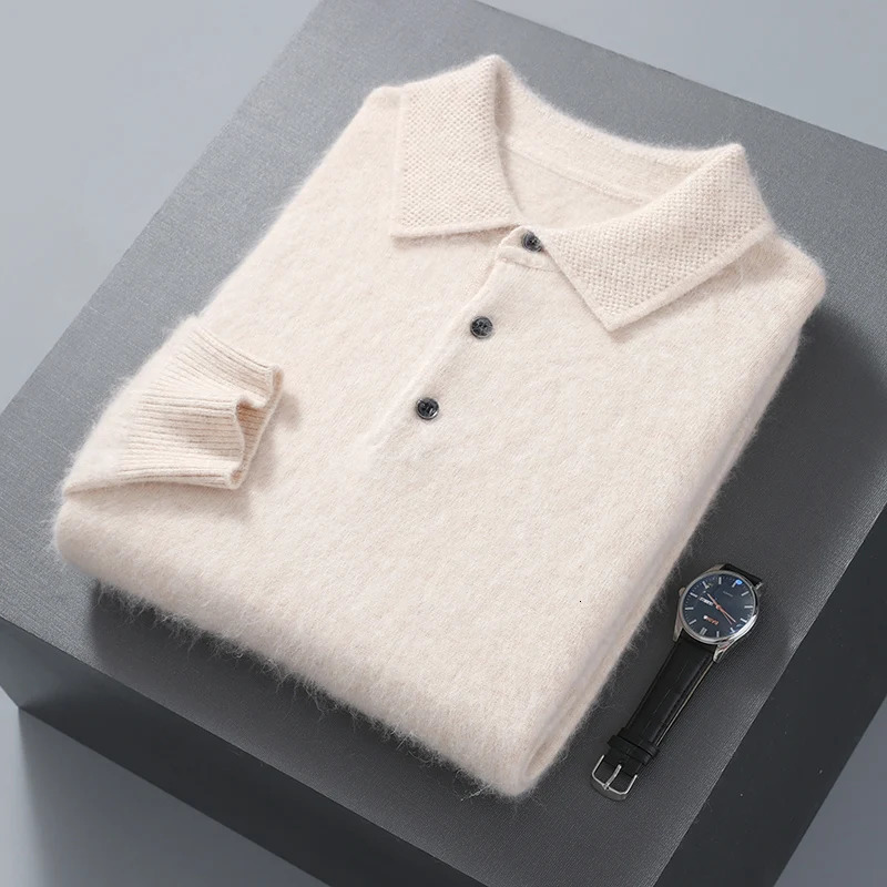 Pullover Mens Sweater Polo Neck 100% Mink Cashmere Knitted Sweater Casual Loose Large Size Long Sleeve 23 Winter Korean Version 250801
