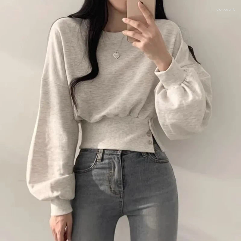 Women's Hoodies Fashion Cropped Pullovers Sweatshirts Women Autumn Korean Chic O Neck Button Tops Long Sleeve Slim Fit Casual Simple
