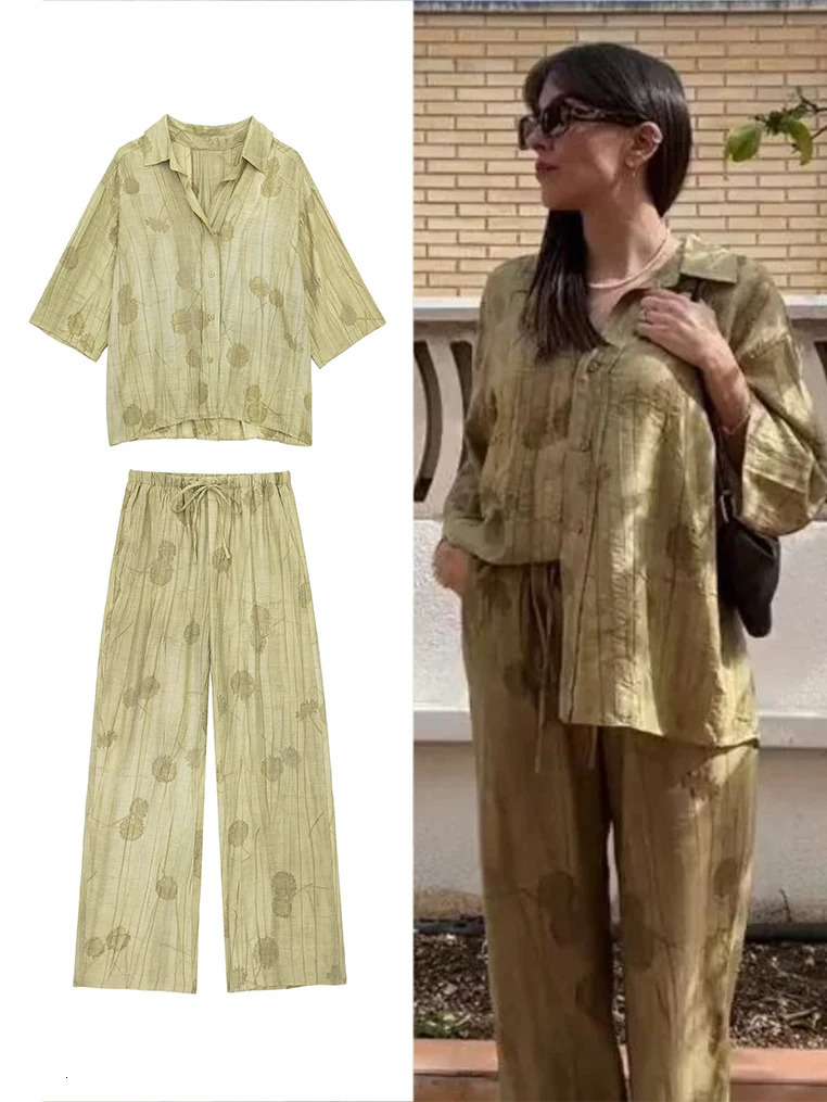 TRAF Womens Fashion Loose Jacquard Shirt Stretchy Pants Set Summer Lapel Single Button Wide Leg Two Piece 250724