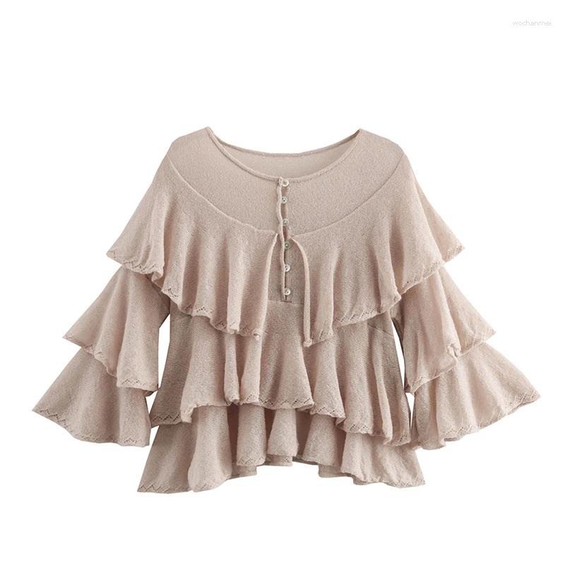 Women's Sweaters YENKYE Spring 2025 Women Layered Ruffle Knit Sweater Front Button O Neck Casual Pullover Knitwear