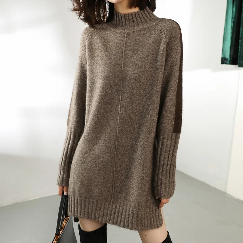Women Autumn Winter Sweater Knitted Dresses Women Fashion Turtleneck Long Sweater Dress Ladies Warm Split Sweater Dress 250801