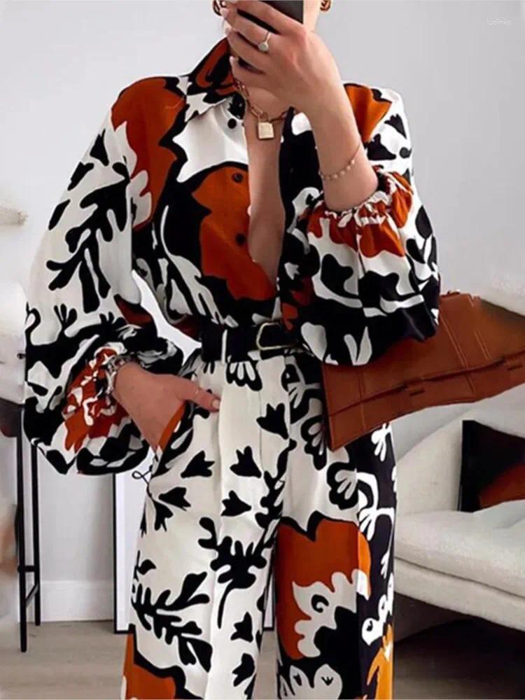 Women's Two Piece Pants Spring Autumn Fashion Printed Long Sleeve Single Breasted Shirt Casual Set