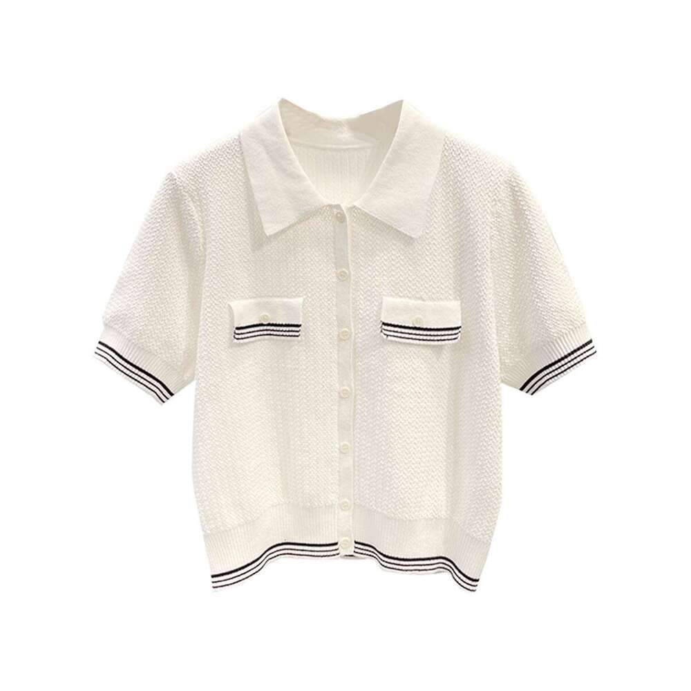 Designer Clothing 2025 Women Short Sleeve Knit Cardigan Preppy Style Turn-Down Collar Contrast Color Lady Single Breasted Sweater Spring Summer 2025