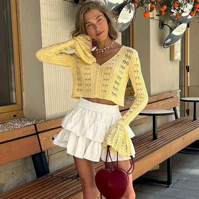 Trendix Summer Knit Long Sleeve Cardigan For Women V Neck Solid Bodycon Hollow Out Short Tops Party Club Slim Vacation Top Femme 250804