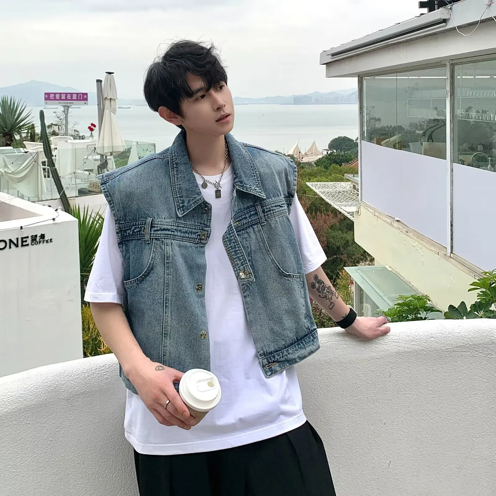 Summer Distress Denim Vest American High Street Casual Loose Sleeveless Coats Trend Versatile Black Handsome Lapel Tops 250804