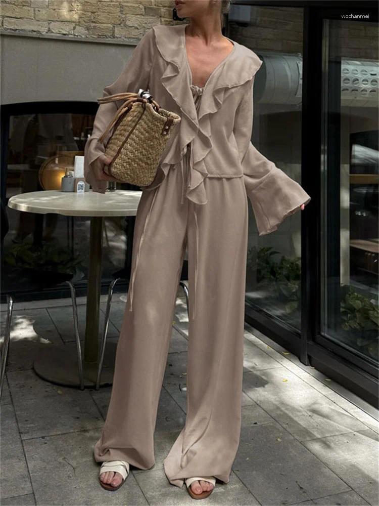 Women's Two Piece Pants Tossy Ruffled Lace-Up 2 Piece-Set Hollow Out Loose Shirts And High Waist Straight Trousers Outfits Female Sets