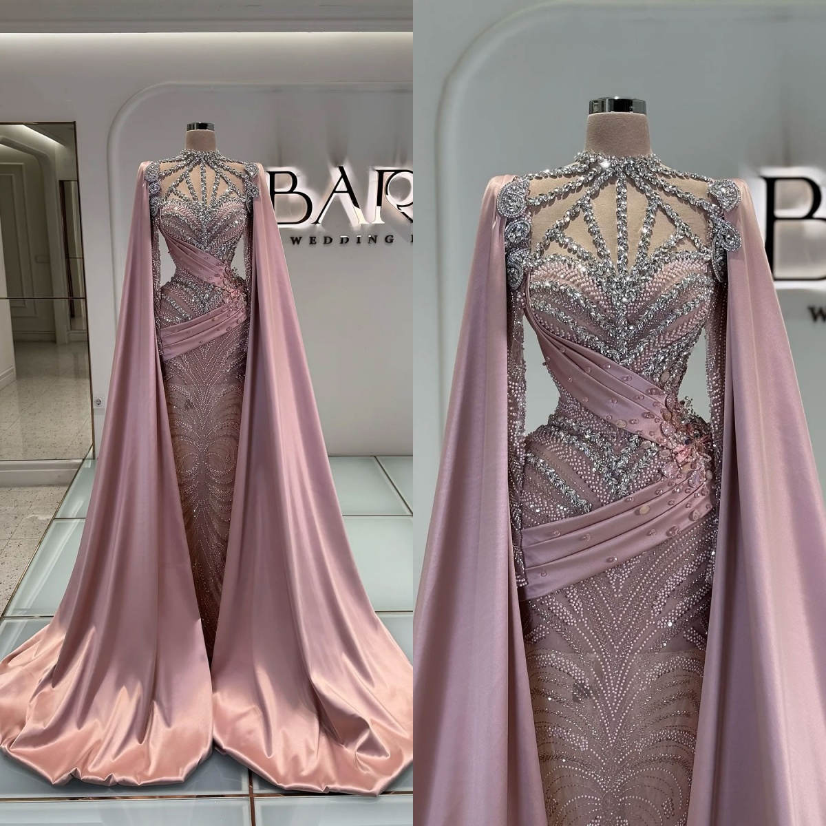 Prom Dresses Cape Sleeve Long Mermaid Beaded Crystals Arabic Dubai Evening Gowns Women Prom Gowns Party Dress vestido de novia Customized