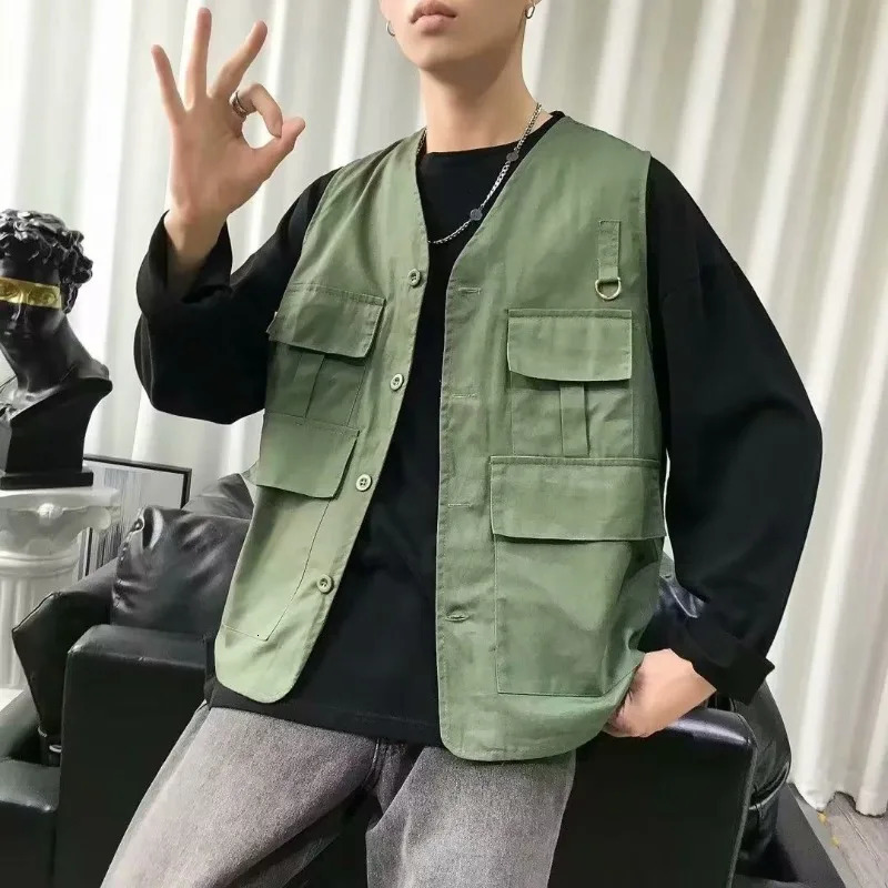 Minimalist Casual Summer Mens Patchwork V-neck Button Pocket Fashion Solid Loose and All-match Sleeveless Vest Jacket 250804
