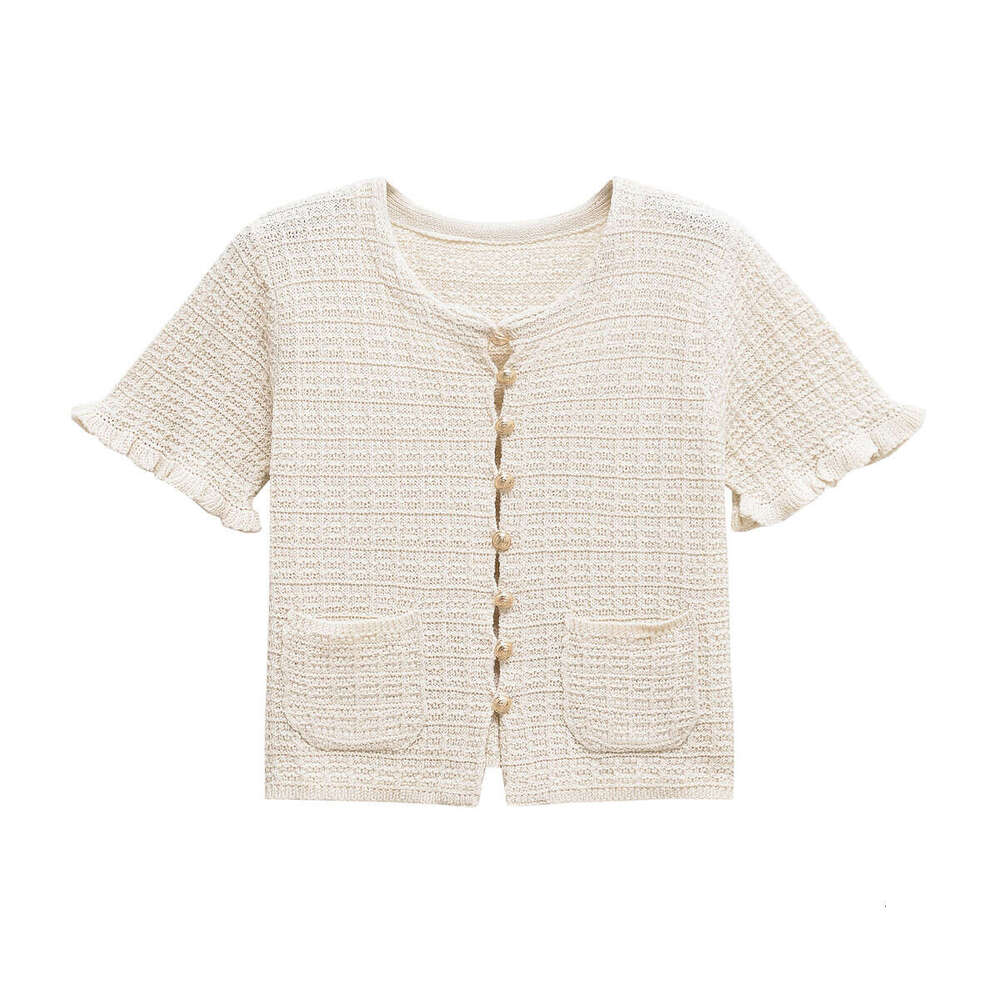 Designer Clothing 2025 Summer Women's Elegant Knitted Cardigan Solid Round Neck Short Sleeves Single-Breasted Pockets Decorative Fashion Tops