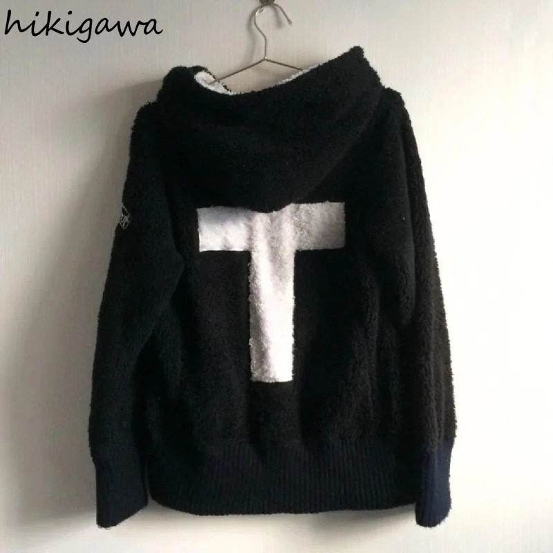 Harajuku Oversized Jackets Womens Clothing Y2k Tops Streetwear BF Lamb Wool Hooded Jacket Warm Skull Zipper Casual Chic Coats 250804