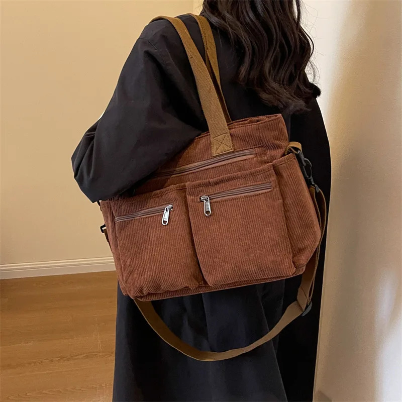 Female Large Capacity Corduroy Tote Bag Korean Style Fashion Women Shoulder Crossbody Bag Worker Tote Handlebag 250804