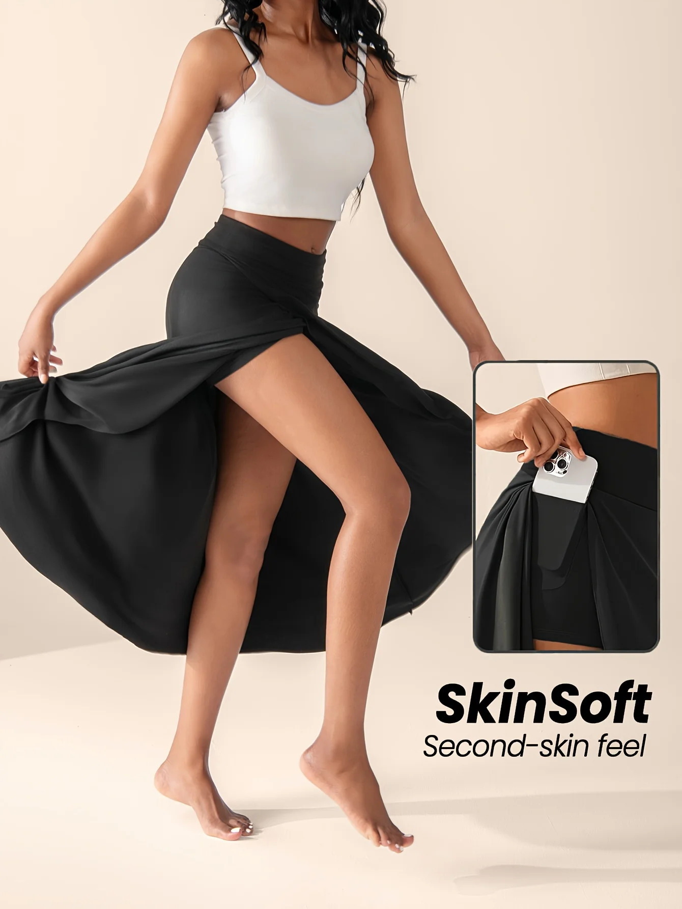 Casual Womens Skort Skirt with Pockets Womens Solid Skirt High Waist Slit Culottes250801